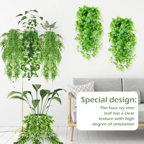 Hoteam 12 Pcs Artificial Hanging Plants 32 Inch Fake Ivy Vines with Fake Leaves Patio Artificial Plants Greenery for Living Room Indoor Outdoor Wall, No Basket (6 Style Mixed) - color: 6 Style Mixed