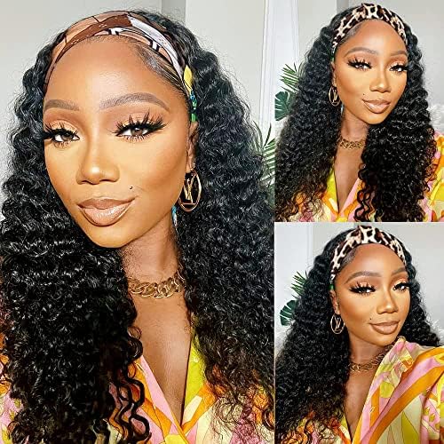 Lauberita Headband Wig Human Hair 26 Inches Deep Wave Headband Wig 100% Human Hair Wigs Curly Wig Glueless Wig Natural Black