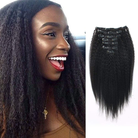 Lovrio Kinky Straight Clip In Hair Extensions Remy Thick Kinky Clip In Hair Extensions Real Human Hair Natural Black Color 7 Pie