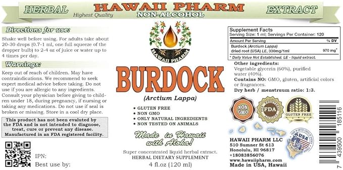 Burdock Alcohol-Free Liquid Extract, Organic Burdock (Arctium Lappa) Dried Root Glycerite Hawaii Pharm Natural Herbal Supplement 4 oz