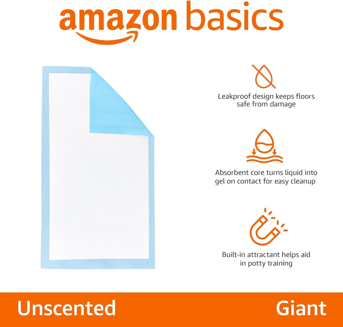 Amazon Basics Heavy Duty Dog and Puppy Pee Pads, Leak-Proof 5-Layer Super Absorbent, Quick-Dry Surface for Potty Training and Housebreaking, Giant Size, 27.5 x 44 Inch, Blue & White, 30-Pack