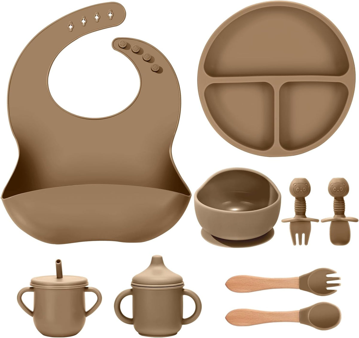 Silicone Baby Feeding Set 9 Pcs, Spill-Proof Suction Plate, Bowl, Bib, Silicone spoon&forks, Wooden Spoons&forks, Training cup with straw and Sippy Cup, Baby Eating Utensils (Green)
