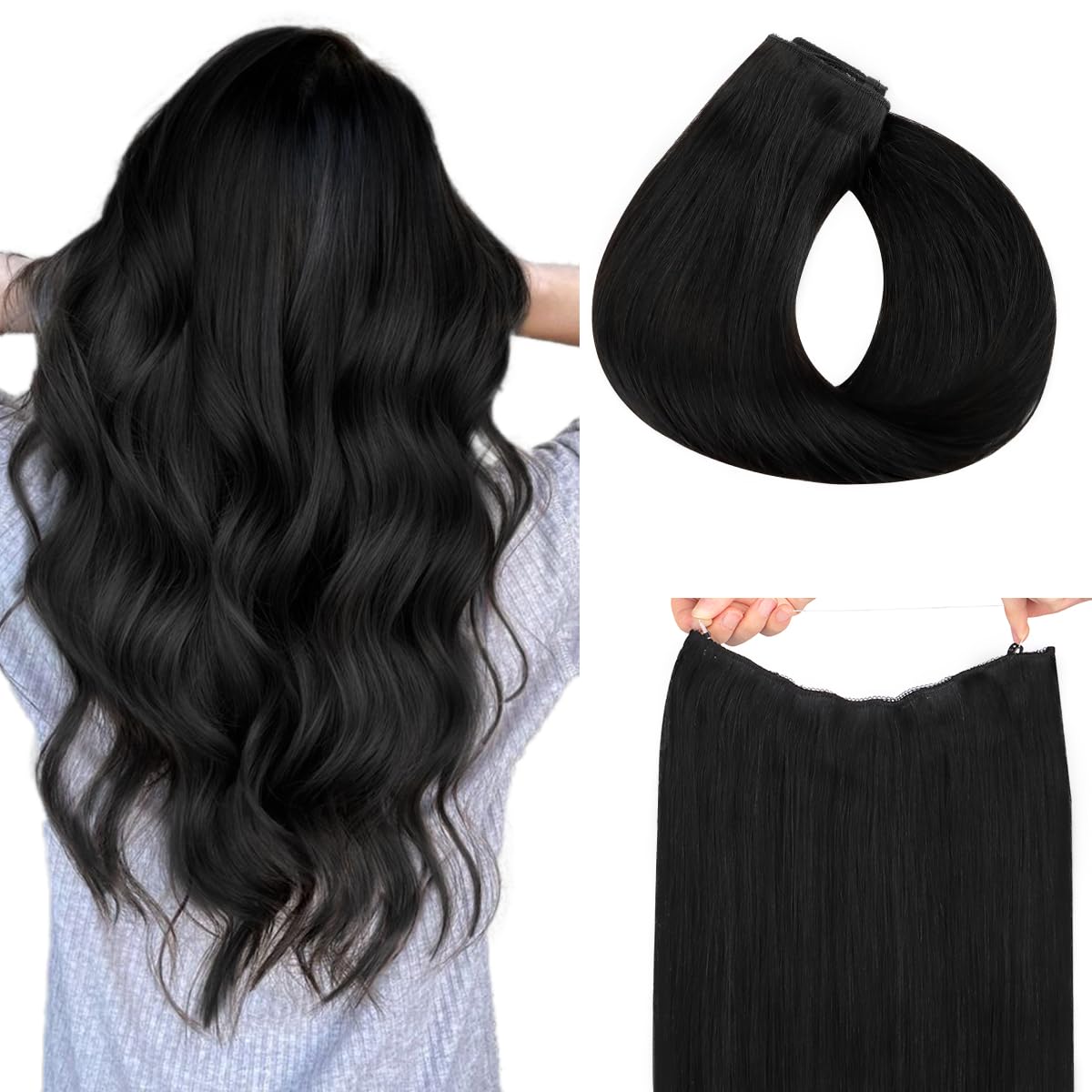 Hotbanana Wire Hair Extensions, 18 Inch 95G Jet Black Fish Line Hair Extensions Real Human Hair Straight Invisible Wire Hair Ext