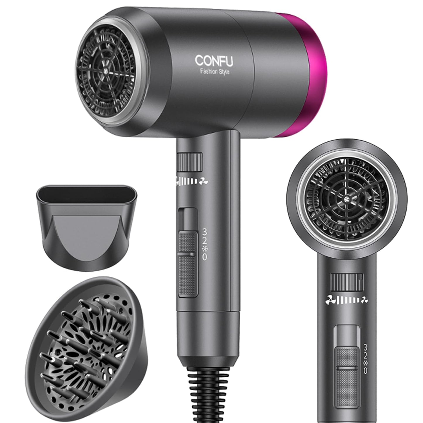 Hair Dryer With Diffuser,Confu Ionic Blow Dryer 1600W,Portable Lightweight Fast Drying Negative Ion Hairdryer,3 Heat Settings Wi