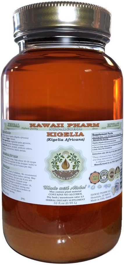 Kigelia Alcohol-Free Liquid Extract, Kigelia (Kigelia Africana) Dried Fruit Glycerite Hawaii Pharm Natural Herbal Supplement 32 oz Unfiltered