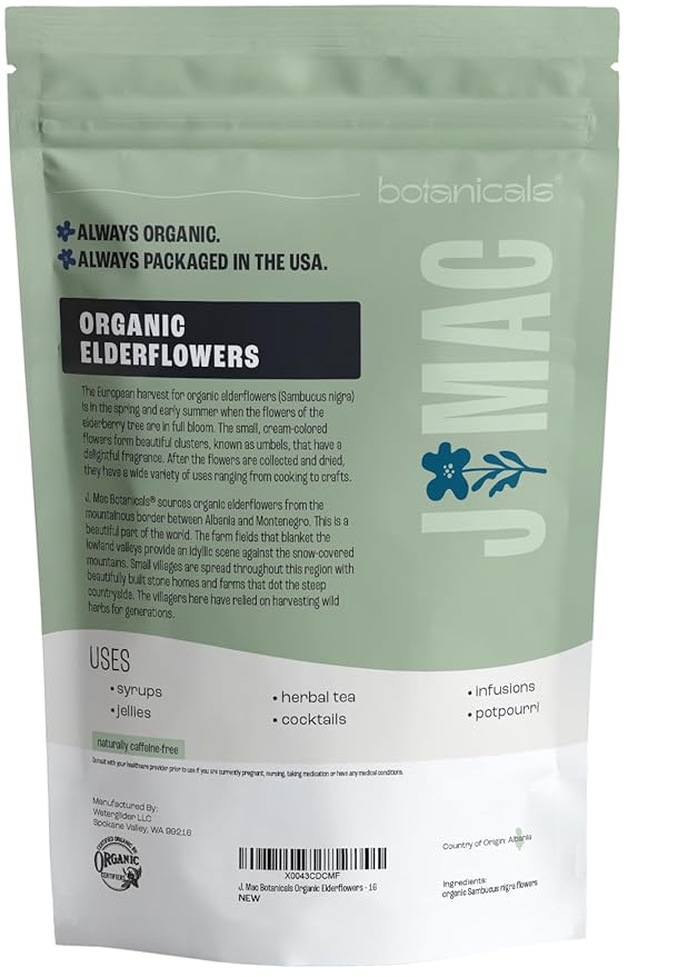 J Mac Botanicals Organic Elderflower, Herbal Tea - 16 ounces