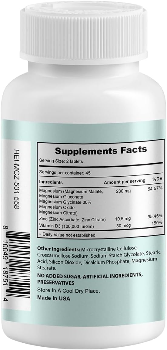 Magnesium Complex 2 Pack, Magnesium Glycinate, Citrate, Malate, Oxide, Gluconate with Zinc and Vitamin D3, Magnesium Supplement for Muscle, Nerve, Heart, Bone Support, High Absorption, 180 Tablets