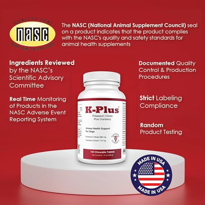 K-Plus Potassium Citrate Plus Cranberry Supplement for Dogs - UTI Remedy Chewable Tablets - Supports Bladder Health - for Every Dog Breed, 200 Chewable Tablets