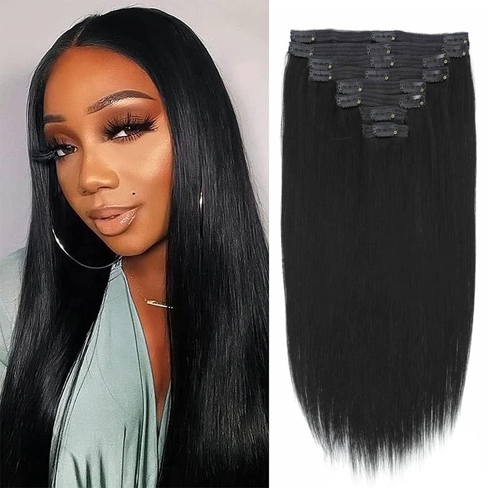 Clip In Hair Extensions Real Human Hair, 16Inch 120G 8Pcs, 1 Jet Black, Remy Human Hair Extensions Clip Ins For Women, Natural H