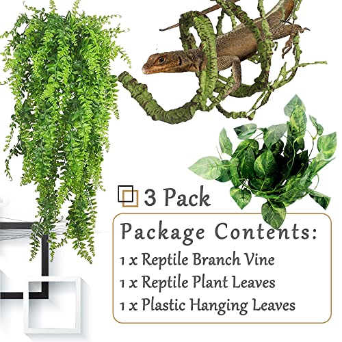 Hamiledyi Reptile Plants Bendable Jungle Climbing Vine Terrarium Branch Flexible Plastic Leaves Hanging Pet Habitat Decoration for Bearded Dragon Lizard Gecko Frog Snake Tank Accessories Decor - size: 3 PCS - Style 1