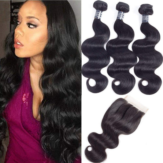 Amella Hair 8A Brazilian Body Wave Virgin Hair 3 Bundles With Three Part Closure (14 16 18+12,Natural Black) 100% Unprocessed Br