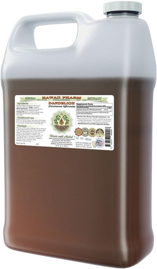 Dandelion Alcohol-Free Liquid Extract, Organic Dandelion (Taraxacum Officinale) Dried Leaf Glycerite Hawaii Pharm Natural Herbal Supplement 64 oz