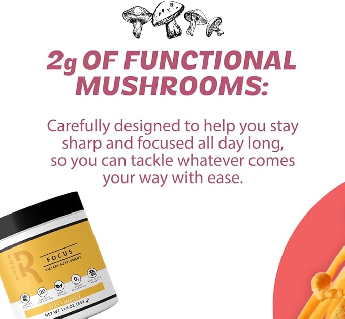 Roots Focus Nootropic Brain Supplement, Strawberry Watermelon, Blend of Lion's Mane, Cordyceps, and Reishi Functional Mushrooms with Extended-Release Caffeine, 15 Servings