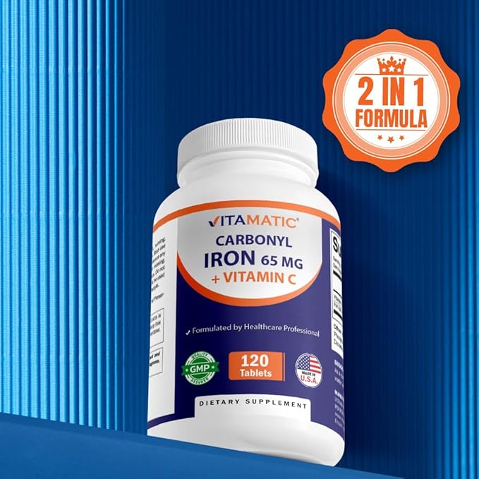 Vitamatic Carbonyl Iron 65 mg with Vitamin C – Gentle Iron Supplement for Energy & Immune Support – High Absorption – 120 Tablets
