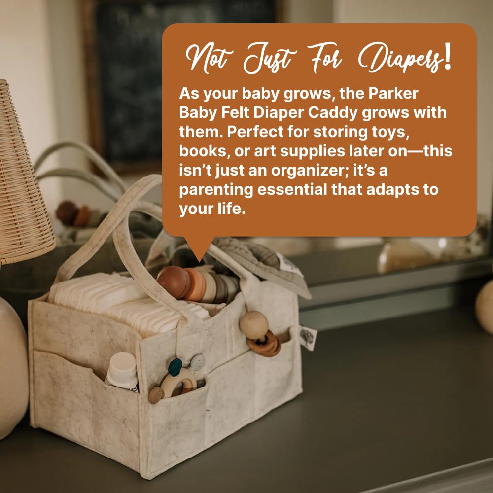 Parker Baby Co. Felt Diaper Caddy Organizer - Large, White | Portable nursery storage bin for diapers, wipes, bottles & baby essentials for home/car. Soft felt, foldable design 13x9x7"