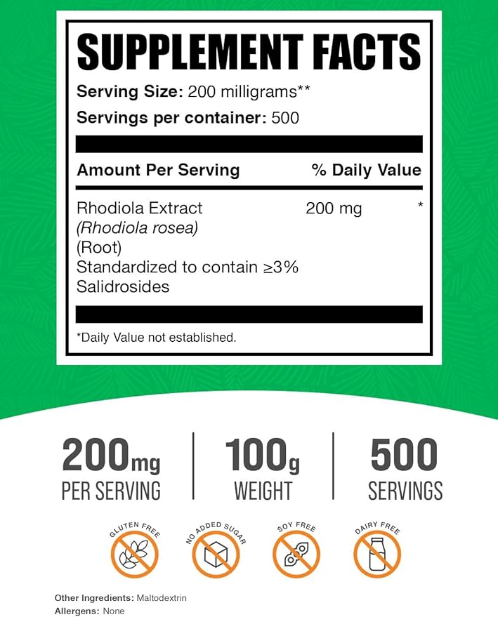 BulkSupplements.com Rhodiola Extract Powder - 3% Salidrosides, Rhodiola Rosea Extract - Herbal Supplement, Gluten Free, 200mg per Serving, 100g (3.5 oz) (Pack of 1)