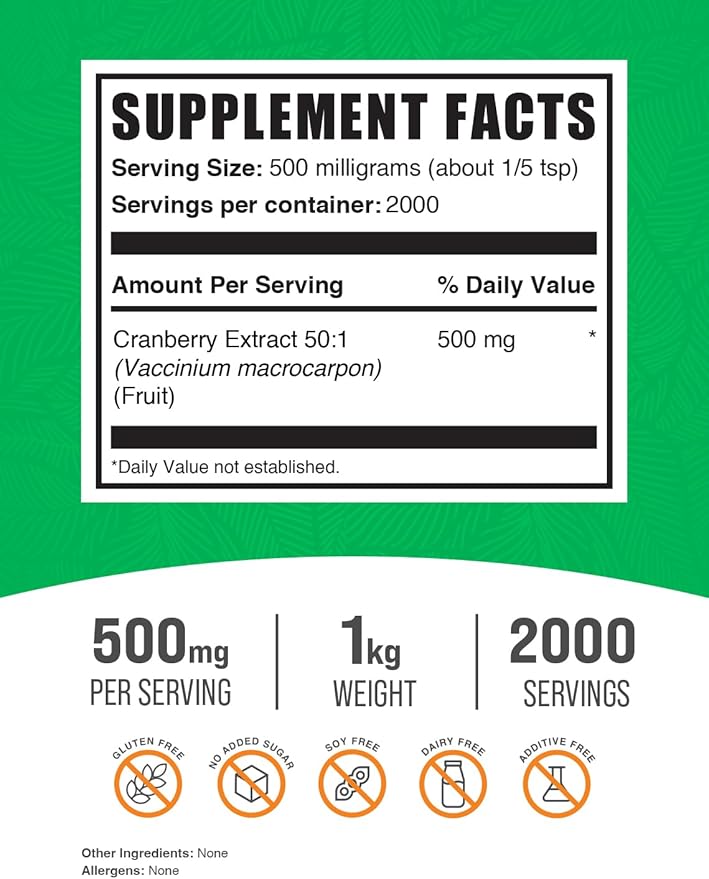 BulkSupplements.com Cranberry Extract Powder - Cranberry Supplements for Women & Men, Dried Cranberries Unsweetened - for Urinary Tract Health, Vegan & Gluten Free, 500mg per Serving, 1kg (2.2 lbs)