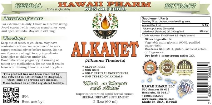 Alkanet Alcohol-Free Liquid Extract, Alkanet (Alkanna Tinctoria) Dried Root Glycerite Hawaii Pharm Natural Herbal Supplement 2x2 oz