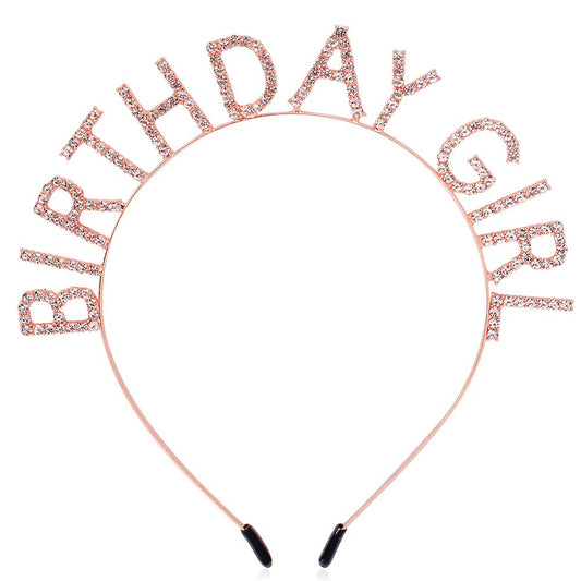 Aoprie Birthday Girl Headband Tiara For Women & Girls - Happy Birthday Princess Crown Rhinestone Accessory, Rose Gold