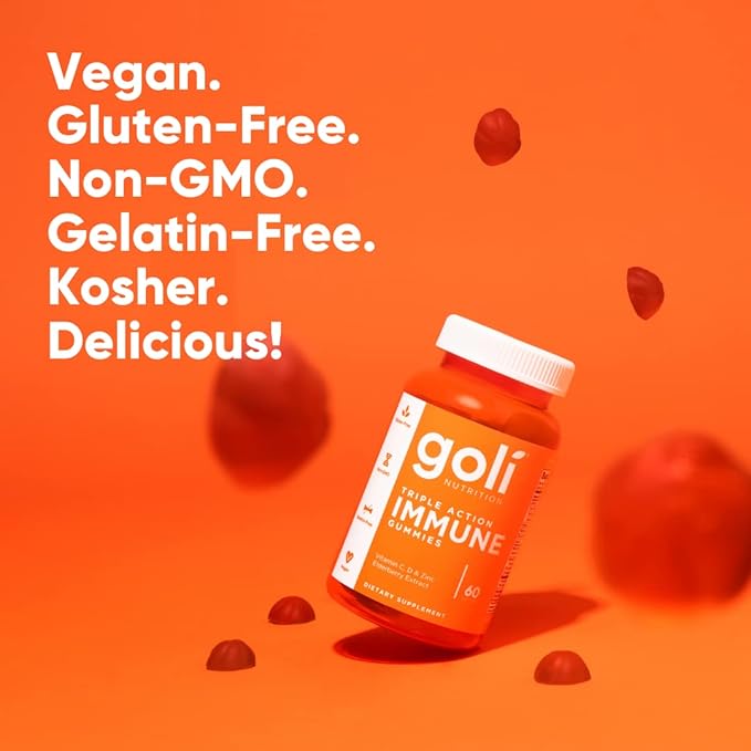 Goli Immune Vitamin Gummy - 180 Count - Elderberry, Vitamin C, D & Zinc, Vegan, Non-GMO, Gluten-Free & Gelatin-Free, Pack of 3