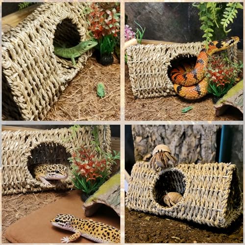 Reptile Hide Cave,Hanging Seagrass Fiber Bearded Dragon Hammock Swing Climbing Toys with Plants Decor,Gecko Hideout Hollow Cave Tank Accessories for Lizard Snake-Triangle S - size: Triangle S:7.87*3.94*3.94"