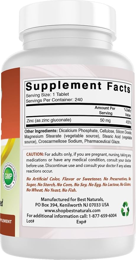 Best Naturals Zinc Supplement as Zinc Gluconate 50mg 240 Tablets - Immune Support