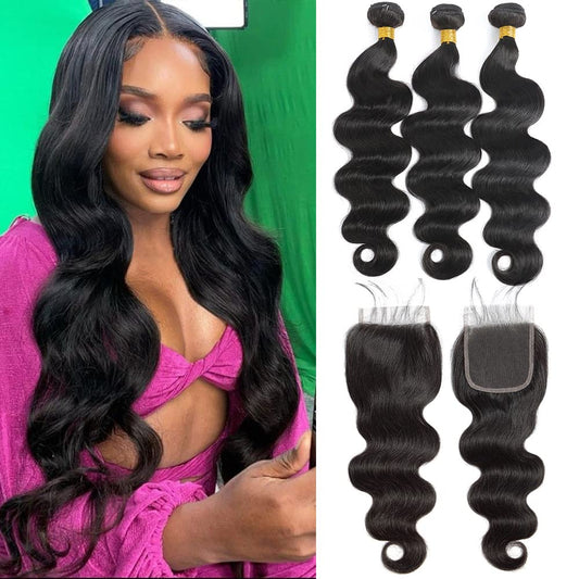 Kapelli Hair Brazilian Virgin Hair Body Wave 3 Bundles With Closure (20 22 24+20'') 10A Brazilian Remy Human Hair Bundles With C