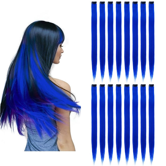 Kgbfass 16Pcs Blue Clip In Colored Hair Extensions 22Inch Long Straight Party Highlights Colorful Hair Extensions One Color Clip