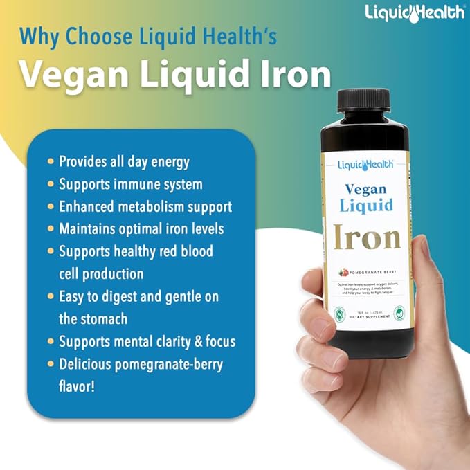 LIQUIDHEALTH Vegan Liquid Iron Supplement with SunActive & Ferrochel Iron - Natural Energy, Immune System & Metabolic Support, Increase Mental Clarity, Prenatal/Postnatal - USA Made, Non-GMO (16 oz)