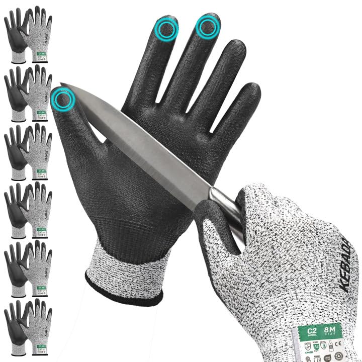 Kebada Cut Resistant Gloves, ANSI A2 Cutting Glove, PU Coated, Touchscreen, Multi-Purpose Model C2, 6 Pairs, Medium - color: Grey(6 Pairs), size: 8/Medium