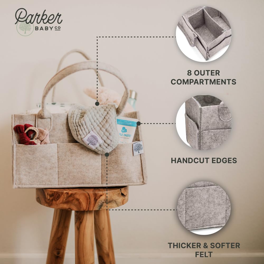 Parker Baby Co. Felt Diaper Caddy Organizer - Large, White | Portable nursery storage bin for diapers, wipes, bottles & baby essentials for home/car. Soft felt, foldable design 13x9x7"