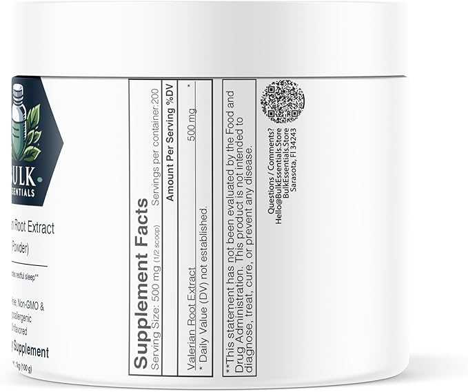 Pure Valerian Root Extract Powder – Unflavored 100g Valerian Root for Sleep Support – USA Made, Free from GMO & Gluten – 500mg Per Serving
