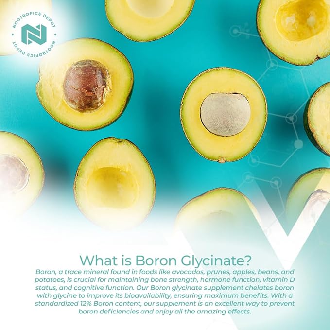 Nootropics Depot Boron Glycinate Capsules | 50mg | Delivering 6mg Elemental Boron | Testosterone, Inflammation, Immune, & Cognitive Support | 120 Count