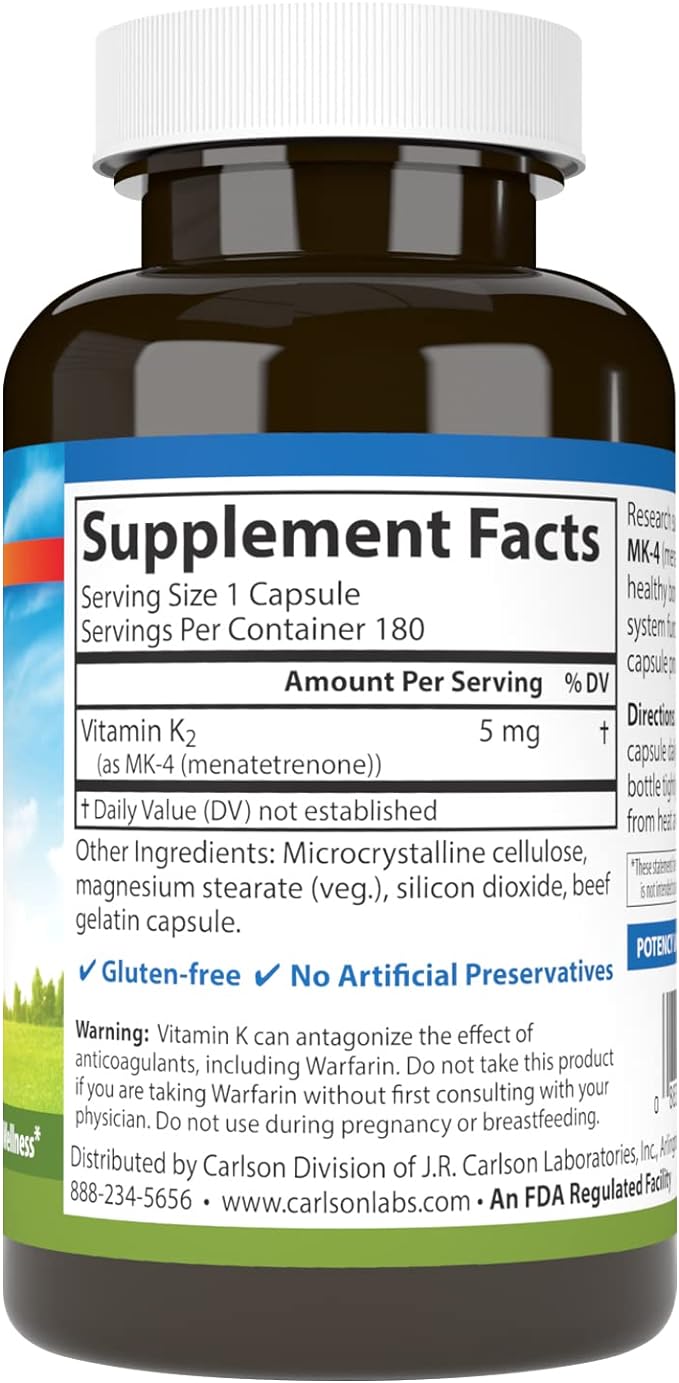 Carlson - Vitamin K2 MK-4 (Menatetrenone), 5 mg, Vitamin K Supplement, Bone Support, K2 Vitamin, Soy-Free, Vitamin K-2, 180 Capsules