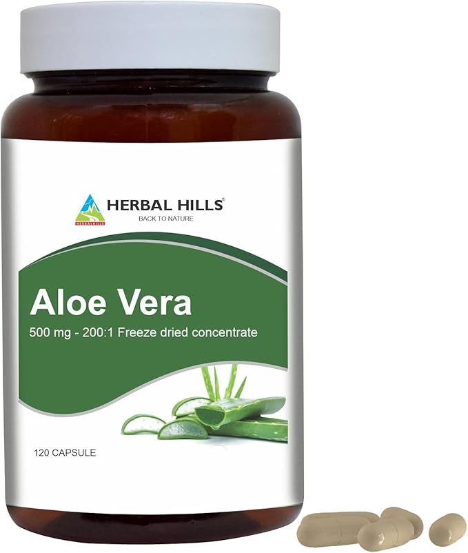 HERBAL HILLS Haritaki Fruit Powder and Aloe Vera Capsules Freeze Dried Pack of 2 Combo