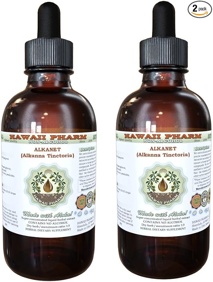 Alkanet Alcohol-Free Liquid Extract, Alkanet (Alkanna Tinctoria) Dried Root Glycerite Hawaii Pharm Natural Herbal Supplement 2x4 oz