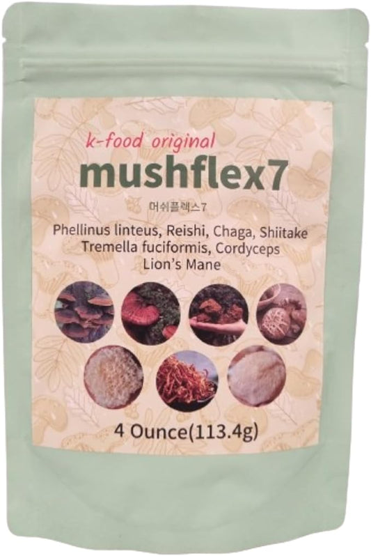 K-Food 7 Mushroom Powder Supplement with Phellinus linteus, Red Reishi, Lion’s Mane, Cordyceps, Chaga, Shiitake, Tremella fuciformis, Production of Korea – 4 Ounce