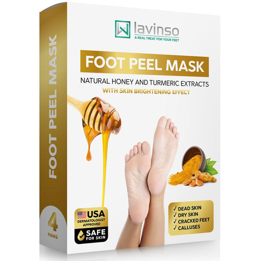 Lavinso Honey Feet Peeling Mask For Dry Cracked Feet - 4 Pack - With Kojic Acid Skin Brightening Effect - Exfoliating Dead Skin