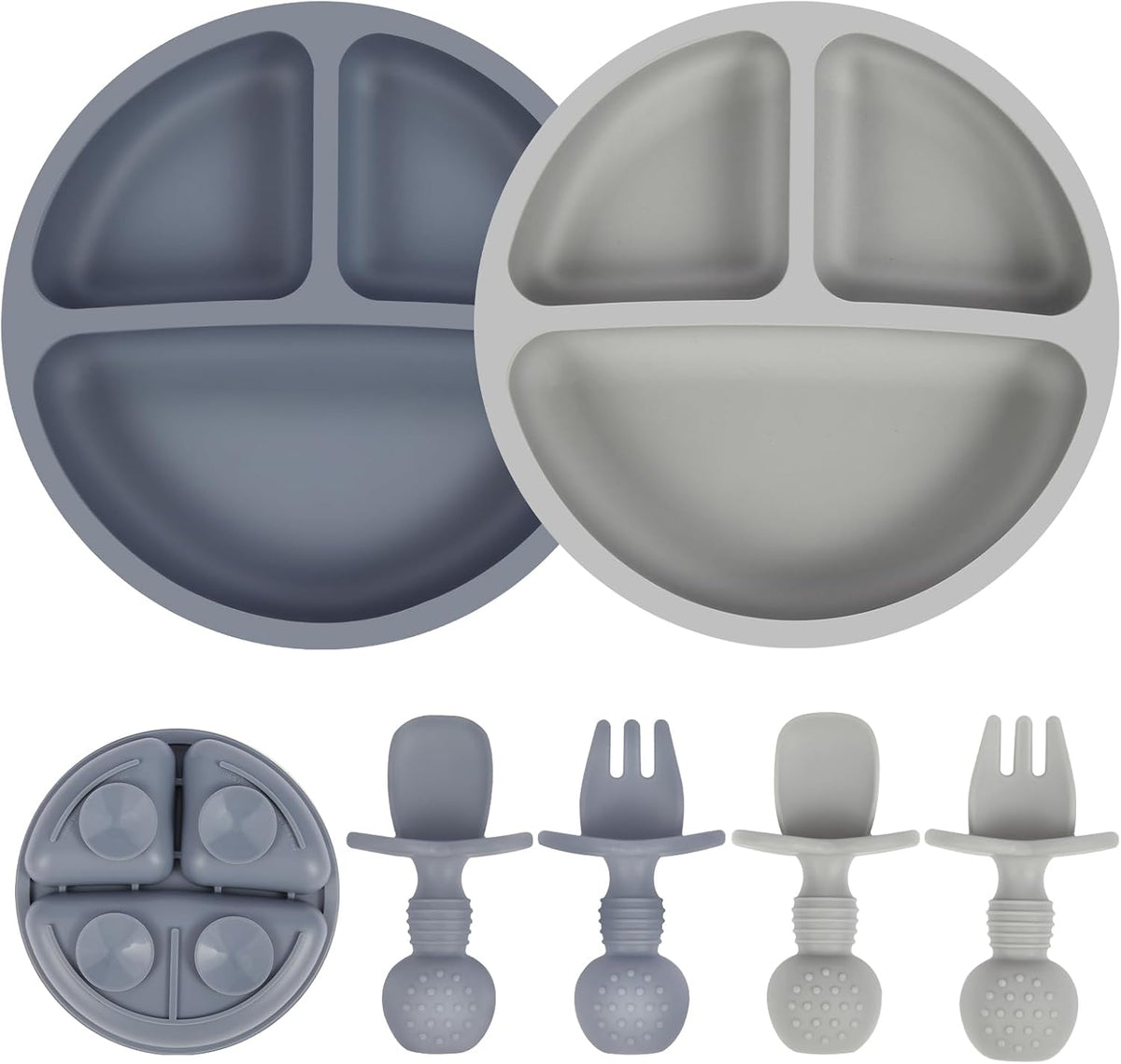 Eascrozn 2 Pack Divided Toddler Plates with Suction, Spoons and Forks Set | BPA Free, Silicone Feeding Set, Baby Led Weaning Supplies, Baby Utensils for Feeding Essentials, Dishwasher Safe