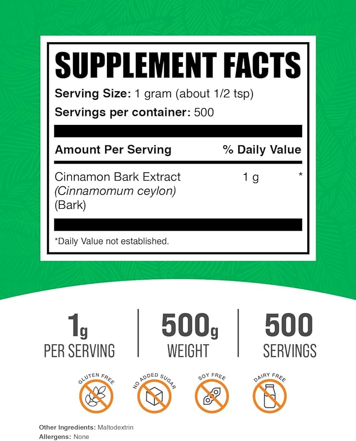 BulkSupplements.com Ceylon Cinnamon Extract Powder - Cinnamon Extract, Cinnamon Ceylon - Cinnamon Supplement, Pack of 1 - Gluten Free & Soy Free, 1000mg per Serving, 500g (1.1 lbs)