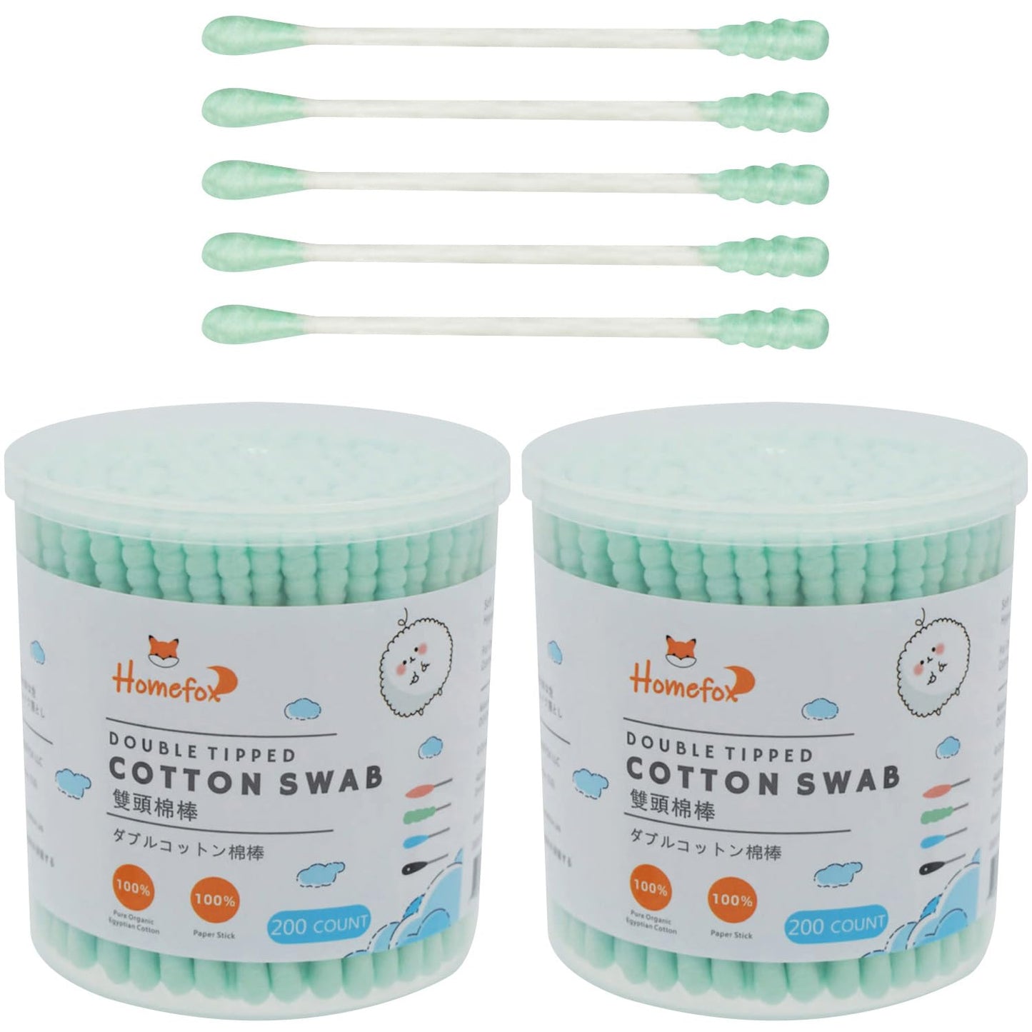 Homefox Green Cotton Swabs Spiral - 400 Count Organic Cotton Buds Double Side Tightly Wrapped Cotton Tips Paper Stick Soft Gentl