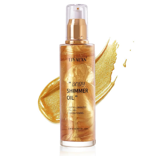 Liyalan Shimmer Body Oil 5 Color Gold 3.38 Fl Oz Face Glow Pearl Highlighter Illuminator Body Makeup Shine Glitter Gold Liquid T
