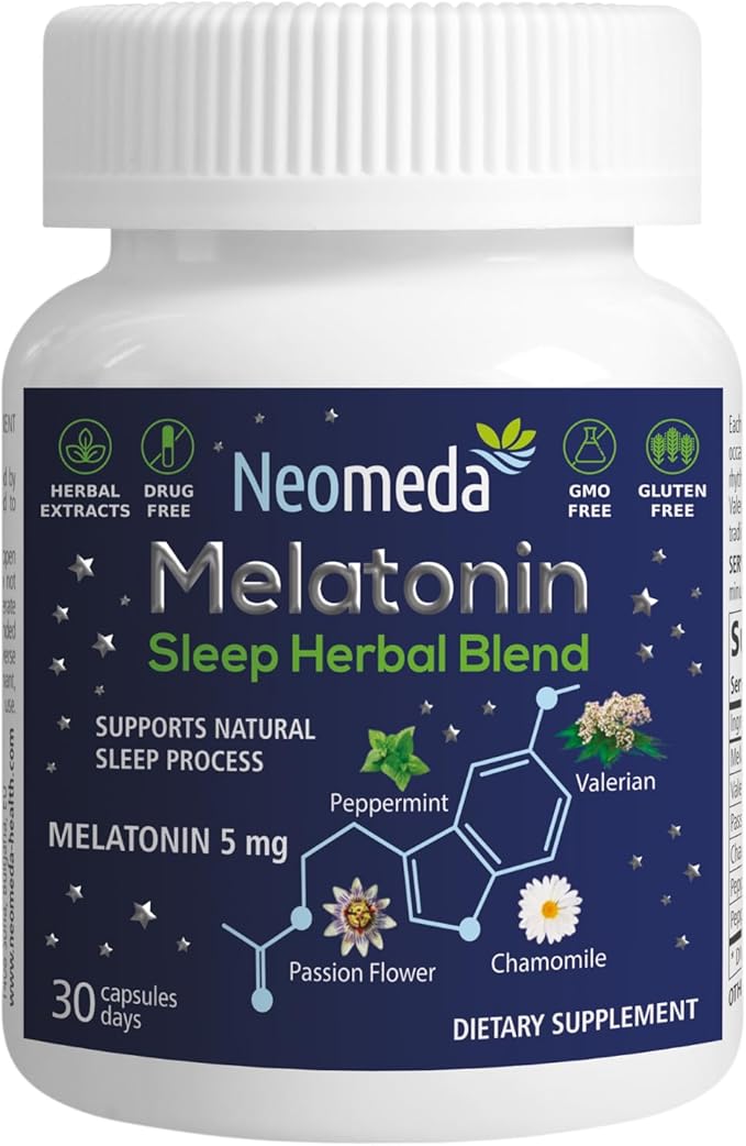 Melatonin Sleep Herbal Blend - Natural Support for Restful Nights with 5mg Melatonin & Calming Herbs - Drug-Free Dietary Supplement, 30 Capsules, 30-Day Supply