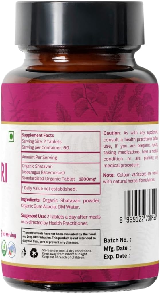SHATAVARI 120 Tablets | Asparagus Racemosus (Shatavari) | USDA Organic Certified | Supports Women’s Health and Immune System | Organic and Natural 120tab - Pack of 3