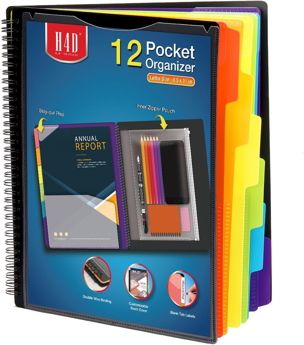 H4D 12 Pocket Poly Project Organizer, Spiral Multi Pocket Folder Organizer, Multi-Subject Folder Notebook, Letter Size