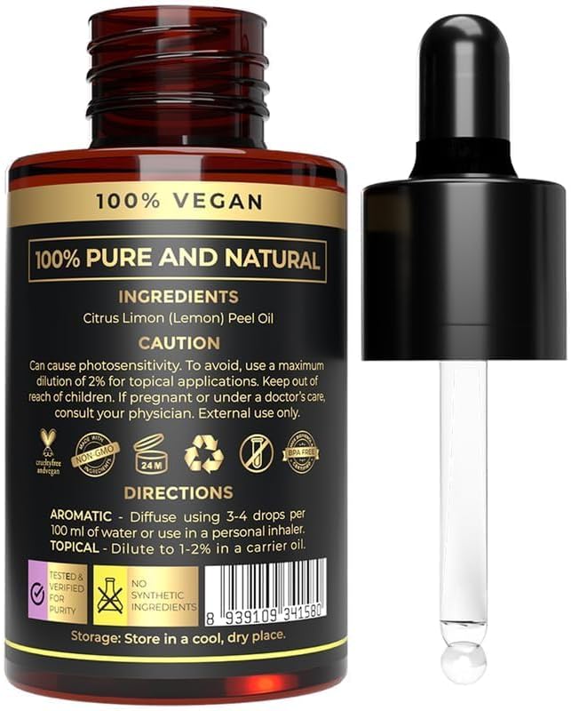 100% Plant Based Lemon Essential Oil - Organic Lemon Oil for Skin, Diffuser & Cleaning | Natural Hair Care & Skin Care | Reduce Acne & Brightens Skin