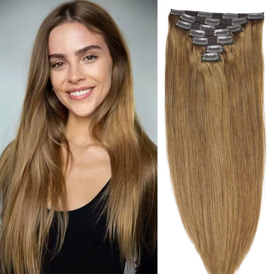 16'' Clip In Human Hair Extensions Full Head 130G 7 Pieces 16 Clips 8# Light Brown Double Weft Brazilian Real Remy Hair Extensio
