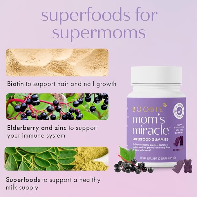 Boobie Bears Lactation Support Gummies | Helps As Milk Supply Booster & Supports Immune Health & Hair Growth | Breastfeeding Supplements with Zinc & Elderberry for Milk Supply Increase, 60 Count