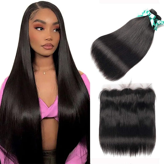 Beauhair Brazilian Straight Hair 3 Bundles With Frontal Closure(14 16 18+14Frontal) 13X4 Ear To Ear Lace Frontal Closure With Bu