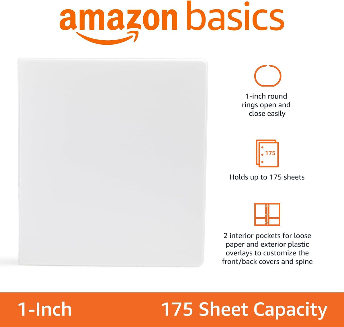 Amazon Basics 3-Ring Binder with Round Rings and Interior Pockets, 1-Inch, White, 4-Pack